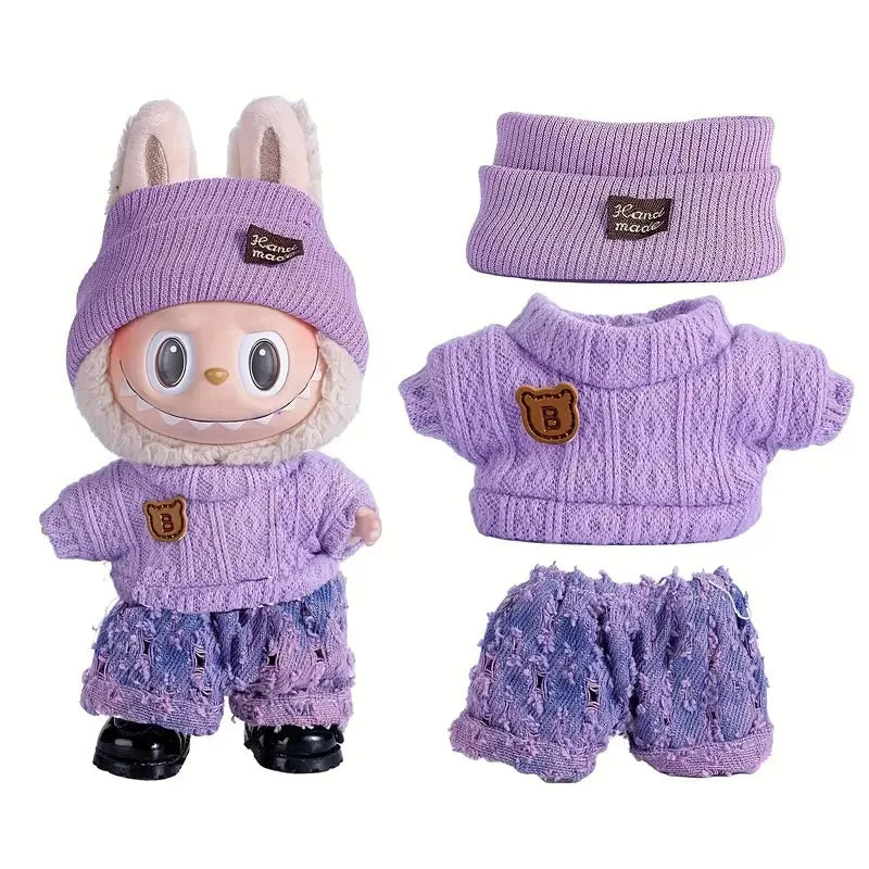 A purple doll sweater outfit set featuring a hooded top, long-sleeved shirt, and matching pants.