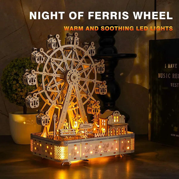 A wooden Ferris wheel puzzle model kit illuminated with warm and soothing LED lights on a display stand.
