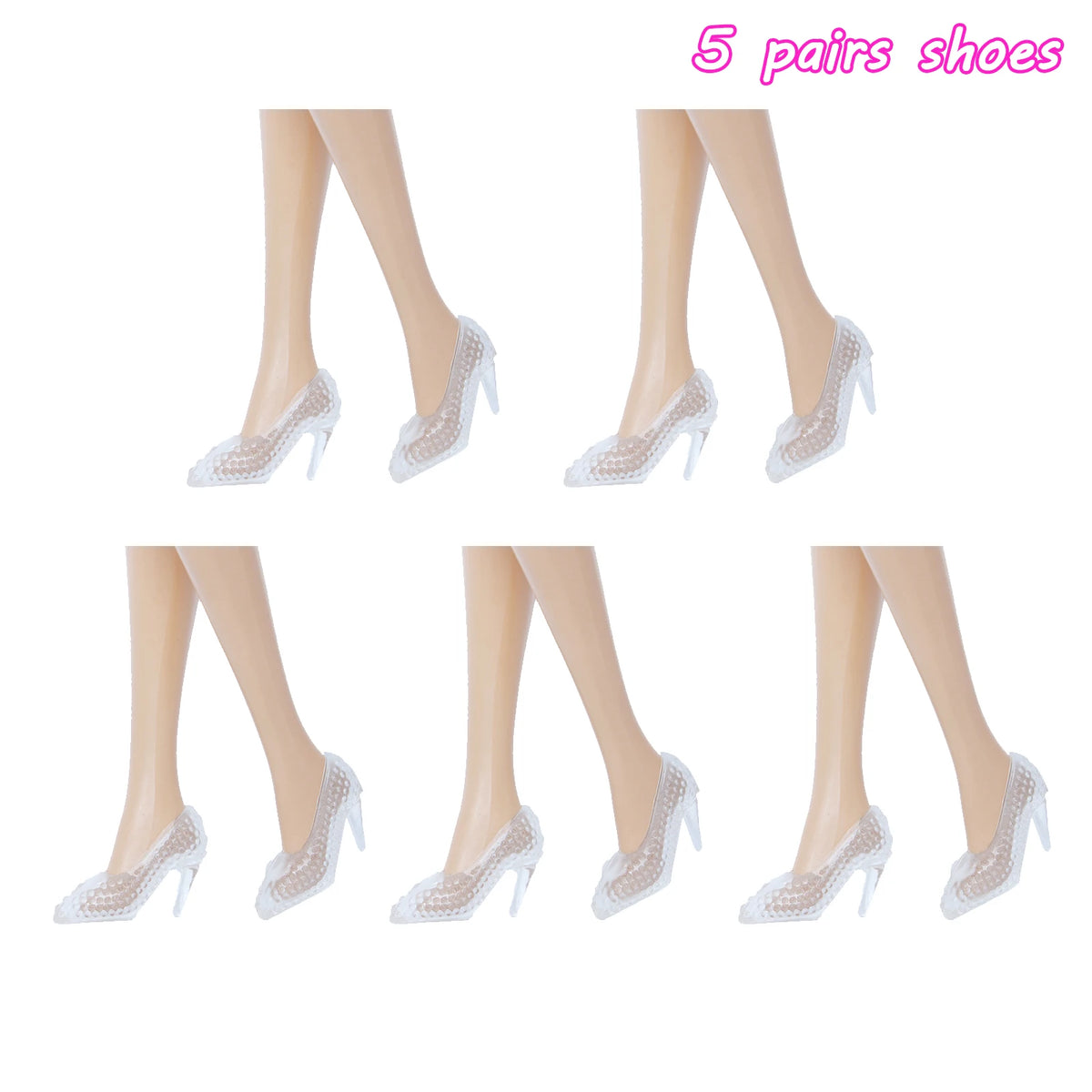 Five pairs of elegant white lace high heels for dolls