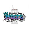 A glass jar filled with liquid and a straw, featuring graffiti art of the Pisces zodiac sign in purple and blue colors.