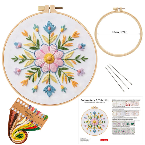 Embroidery DIY art kit featuring a mandala flower pattern with stamped threads and English instructions