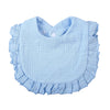 Light blue ruffled muslin cotton baby bib with an adjustable snap closure