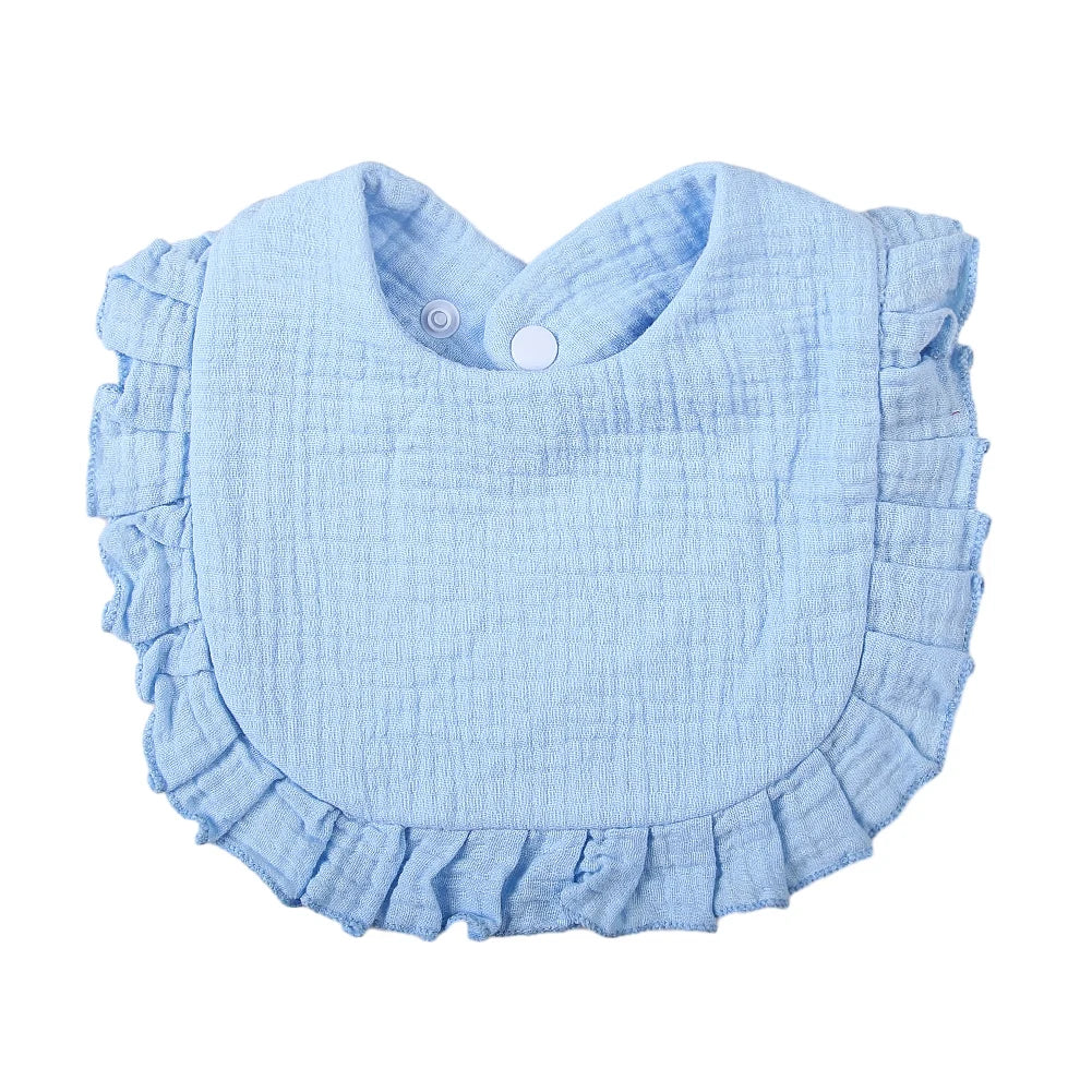 Light blue ruffled muslin cotton baby bib with an adjustable snap closure