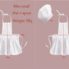 A white kids chef apron and hat set for pretend play shown with various size options.