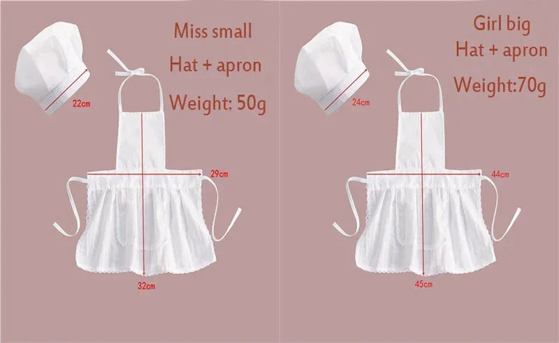 A white kids chef apron and hat set for pretend play shown with various size options.