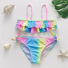 A girls two-piece rainbow swimsuit set featuring a ruffled top and matching bottoms.