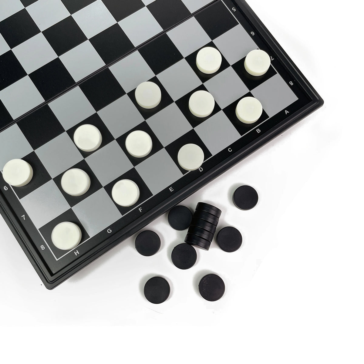A black and white checkered board game with white checkers scattered on the board.