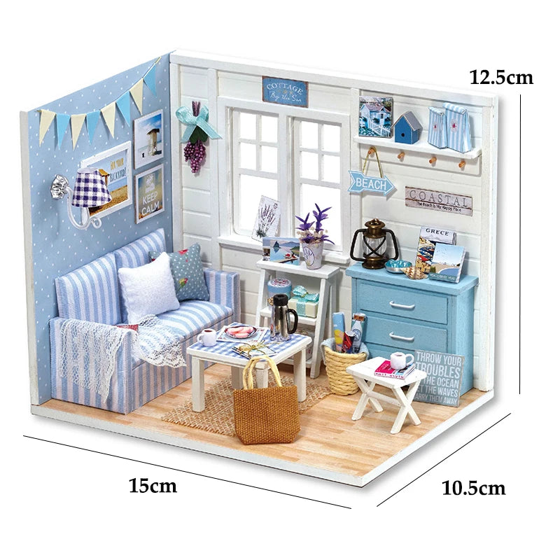 A miniature dollhouse puzzle kit featuring a bedroom and living area with furniture, including a bed, cabinet, and decorative
