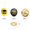 A set of three balloons, including yellow, black, and gold confetti balloons for graduation party decor.