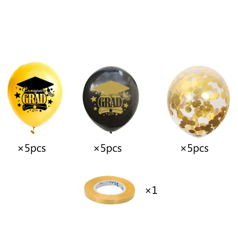 A set of three balloons, including yellow, black, and gold confetti balloons for graduation party decor.