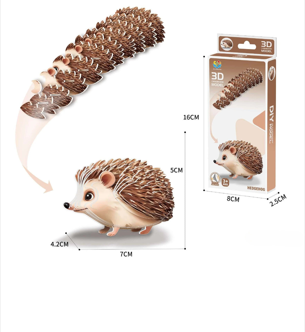A brown paper animal puzzle set of a hedgehog, showing the assembled model and packaging details.