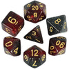 A set of polyhedral dice featuring a dark red and black cosmic effect.
