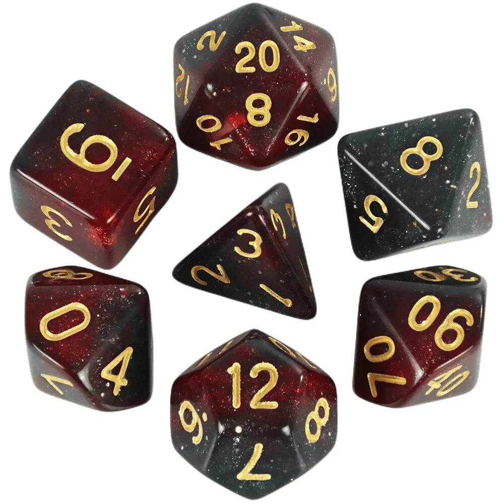 A set of polyhedral dice featuring a dark red and black cosmic effect.