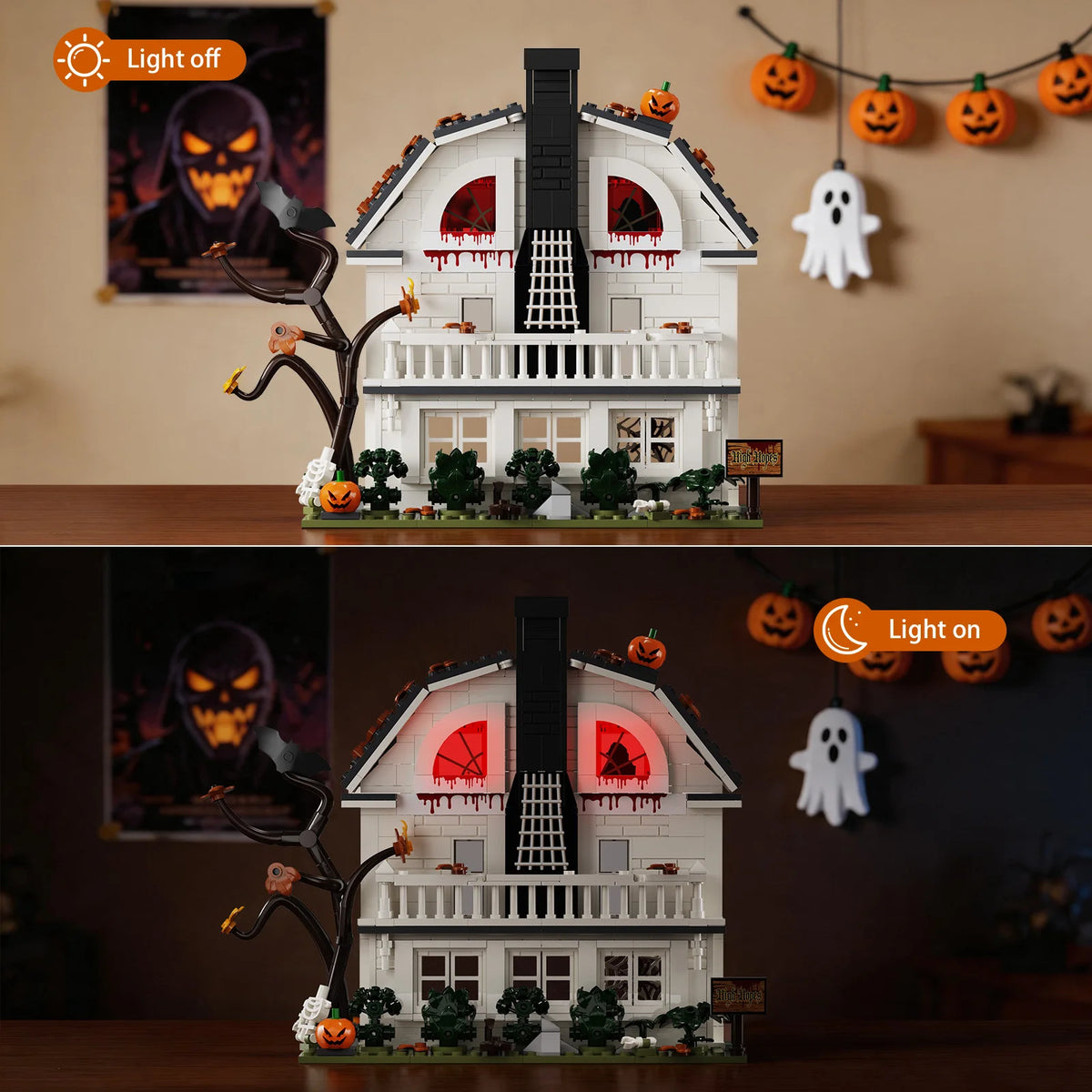 A detailed model of a haunted horror house built from white blocks, featuring spooky decorations and Halloween elements.