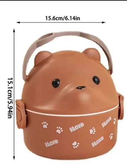A brown bear-shaped stackable bento lunch box for kids with paw prints and a lid.