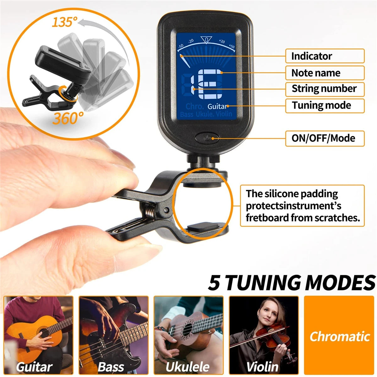 A clip-on electronic tuner with multiple tuning modes for guitar, bass, ukulele, and violin, shown being used on a fretboard.