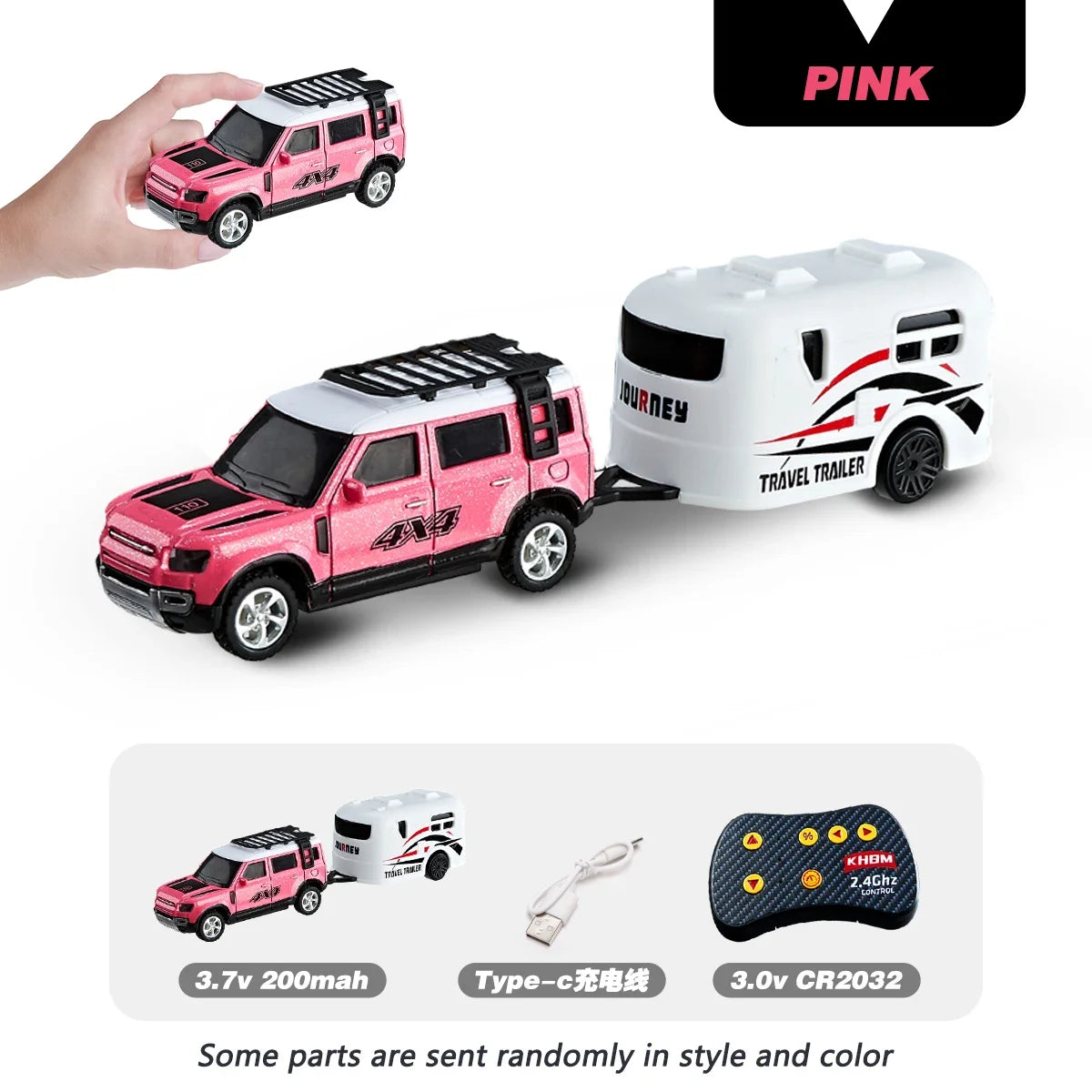 Pink miniature alloy RC car with a white camper shell and black accents