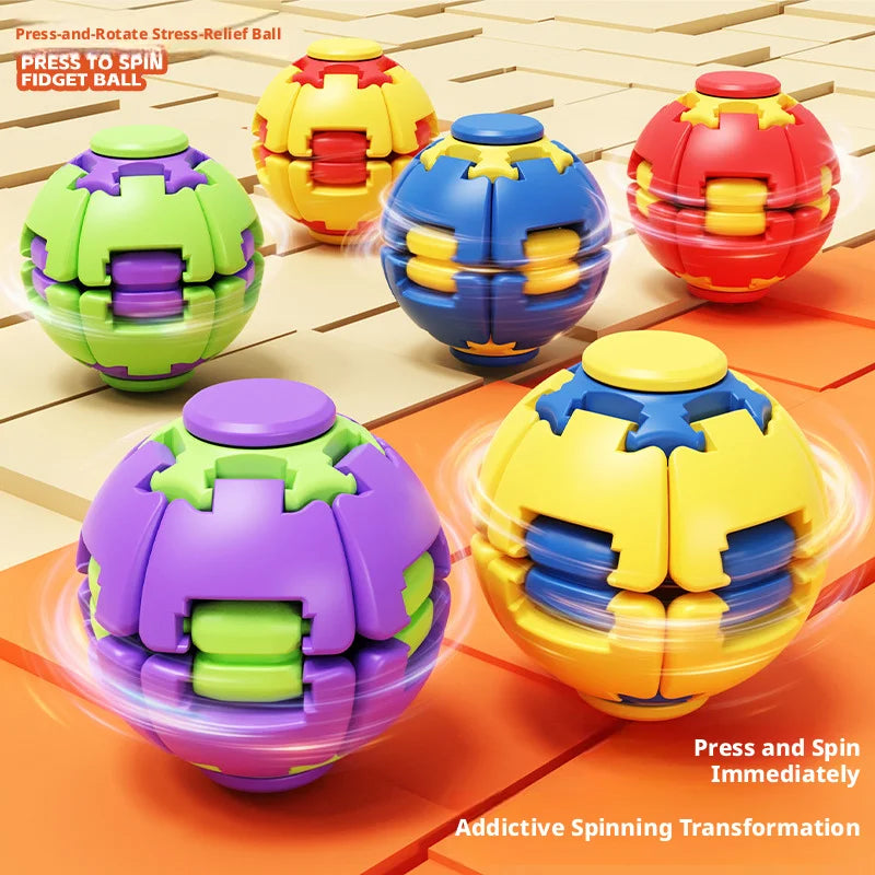 A collection of colorful press-and-rotate stress relief balls in green, yellow, blue, and red.