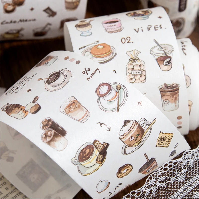 White masking tape with illustrations of coffee cups, pastries, and baked goods.
