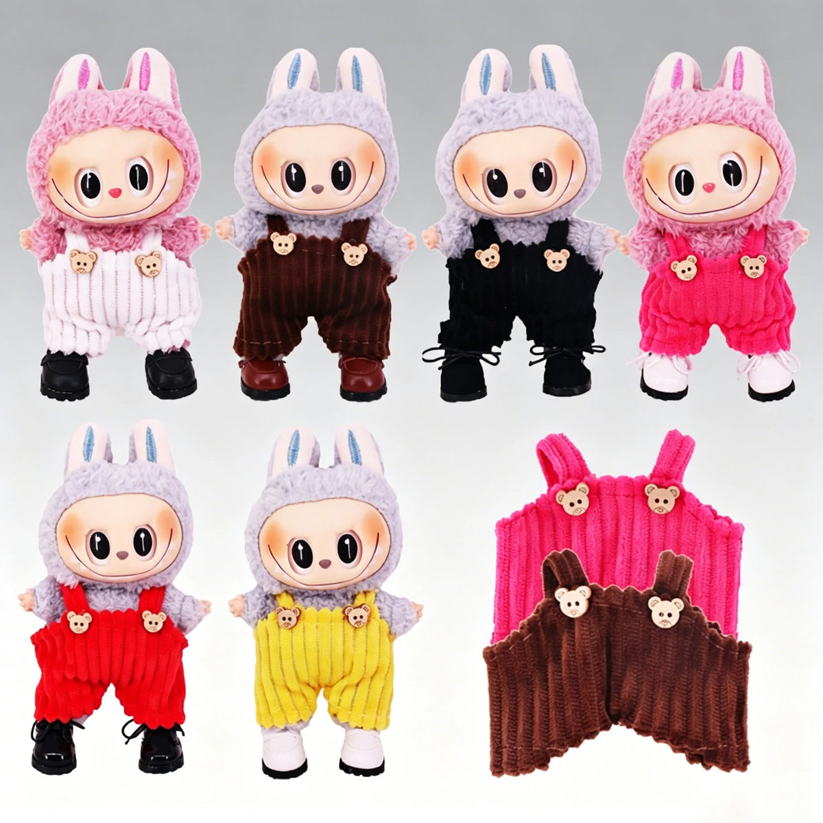 Five labubu plush dolls wearing colorful strap pants in various colors and patterns