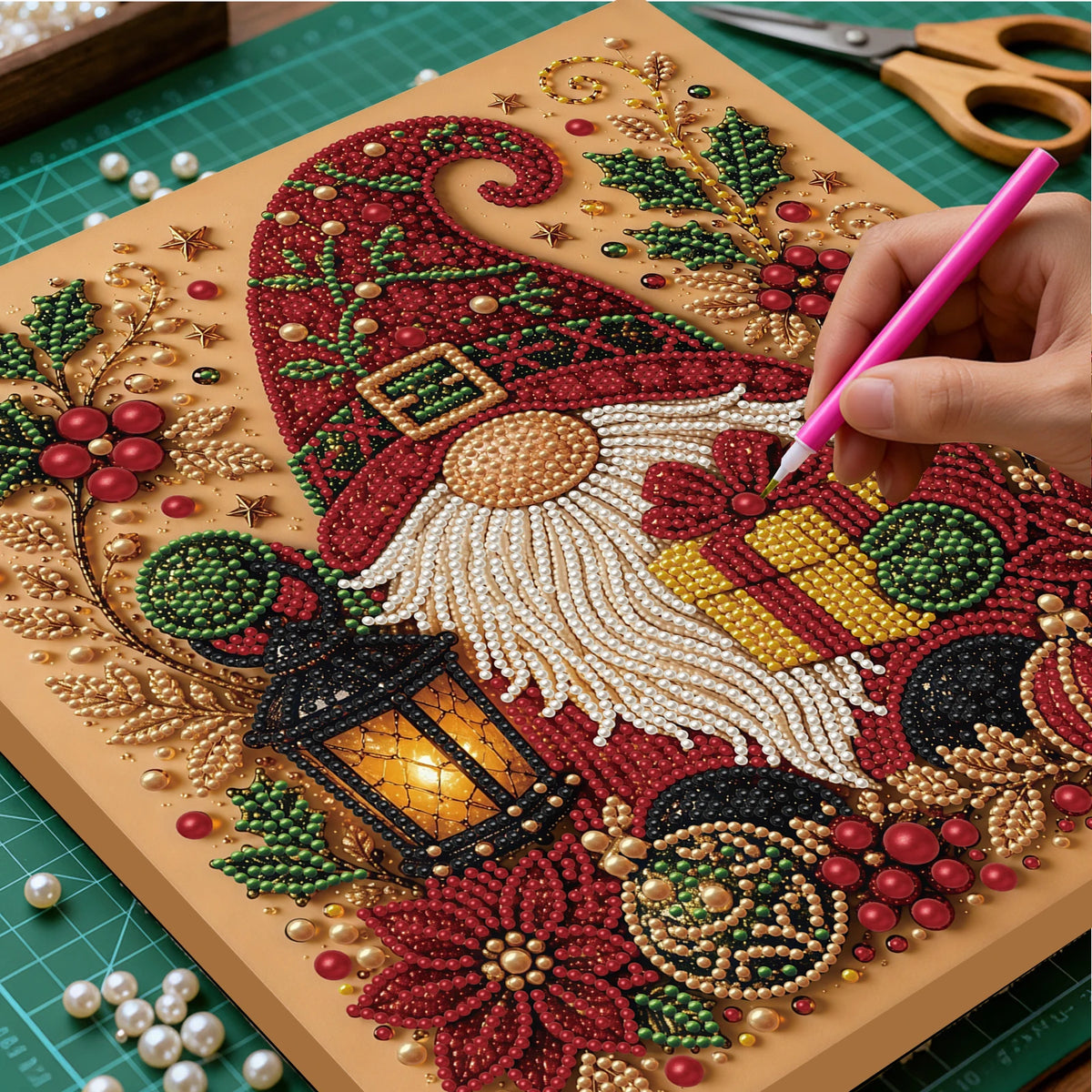 A hand is painting a detailed Christmas elf design on a diamond painting canvas with various colored beads and sequins.