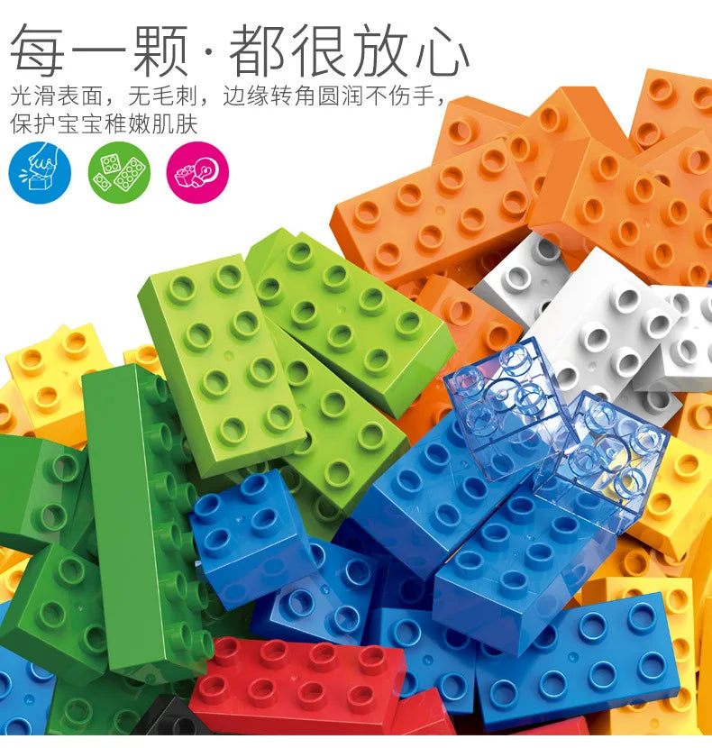 A pile of colorful plastic building blocks in various colors including green, yellow, orange, and blue.