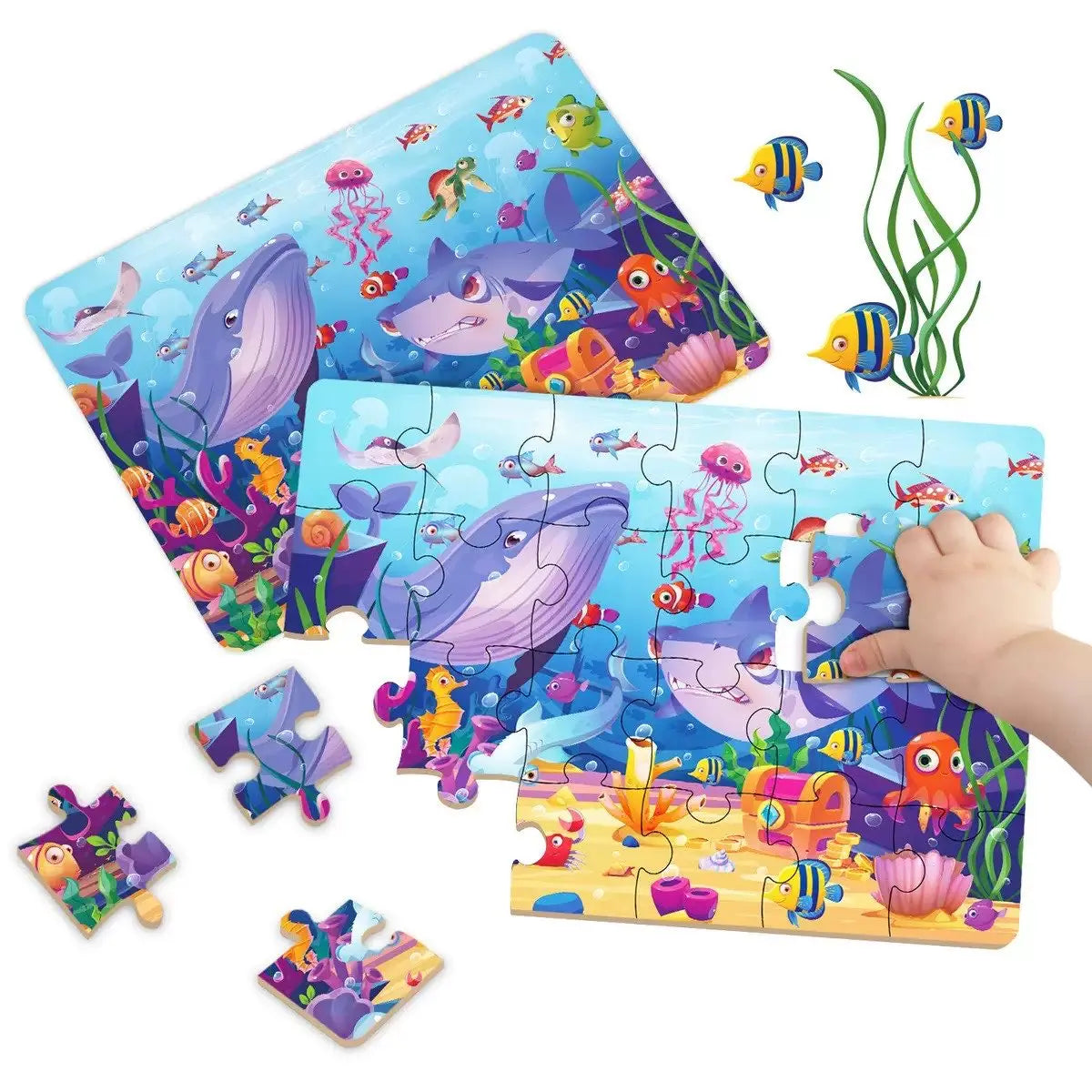 A set of colorful animal cartoon jigsaw puzzles for kids featuring sea creatures and land animals.