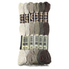 A set of six skeins of vibrant embroidery thread in various shades of gray and brown for cross stitch and DIY crafts