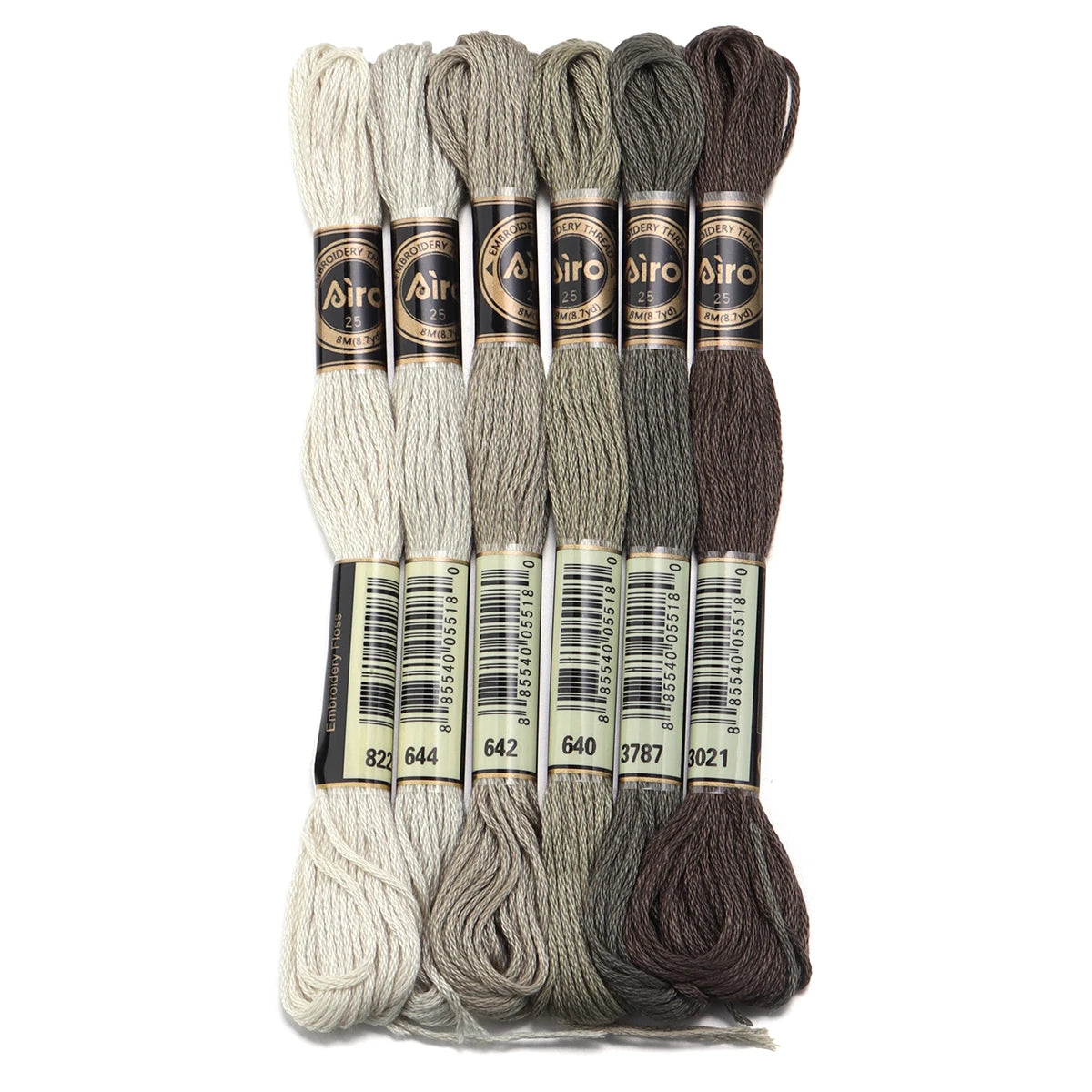 A set of six skeins of vibrant embroidery thread in various shades of gray and brown for cross stitch and DIY crafts