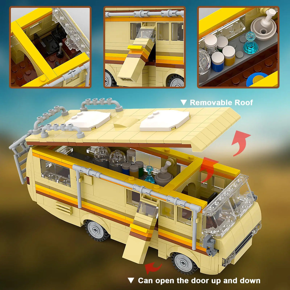 A yellow RV building block model kit with a removable roof and an opening door.