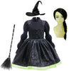 Black Wicked Witch costume dress for girls featuring a pointed hat and long black hair