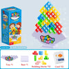 A colorful stacking game featuring building blocks, a tray, a base, and cards for a fun party activity.