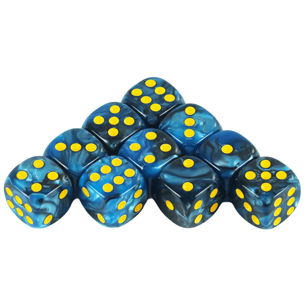 A set of ten colorful blue dice with yellow dots inside a storage tube.