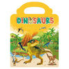 A colorful illustration of dinosaurs on a yellow sticker book cover.