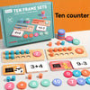 Un jeu de dix cartes mathématiques pour enseigner l'addition et la soustraction (ex: 3+4, 10-2).