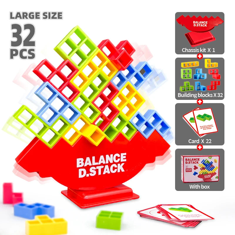Grand ensemble de blocs rouges et verts pour un jeu de construction d'équilibre avec diverses pièces et une boîte.