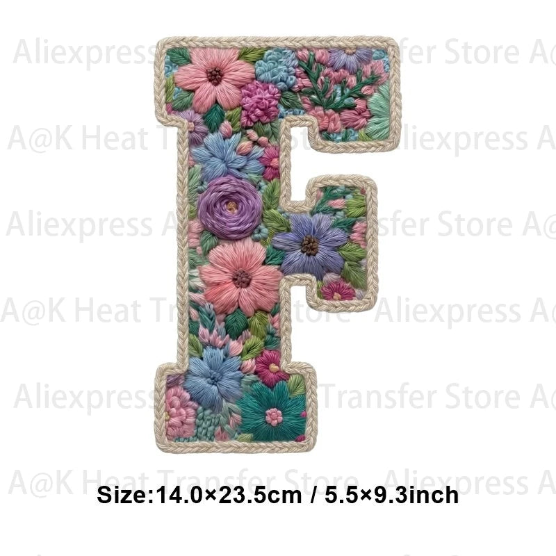 Floral letter F patch made of fabric for DIY clothing and accessories