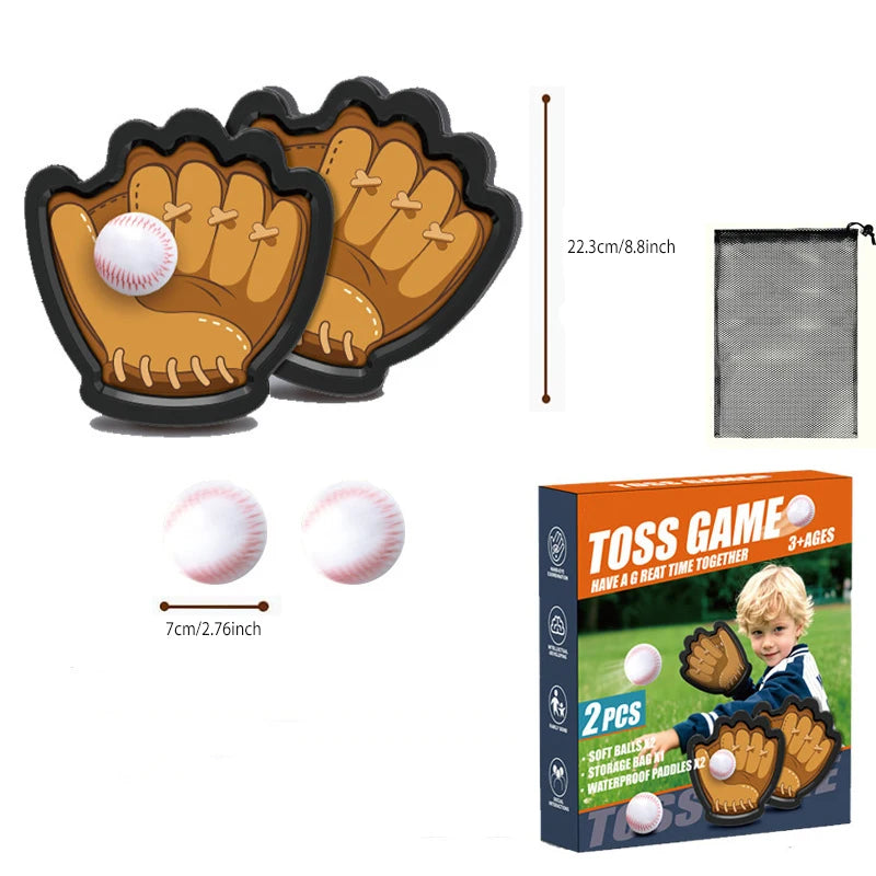 Ein Satz aus zwei orangen Baseballhandschuhen und zwei weißen Tennisbällen für Werfen- und Catch-Training.