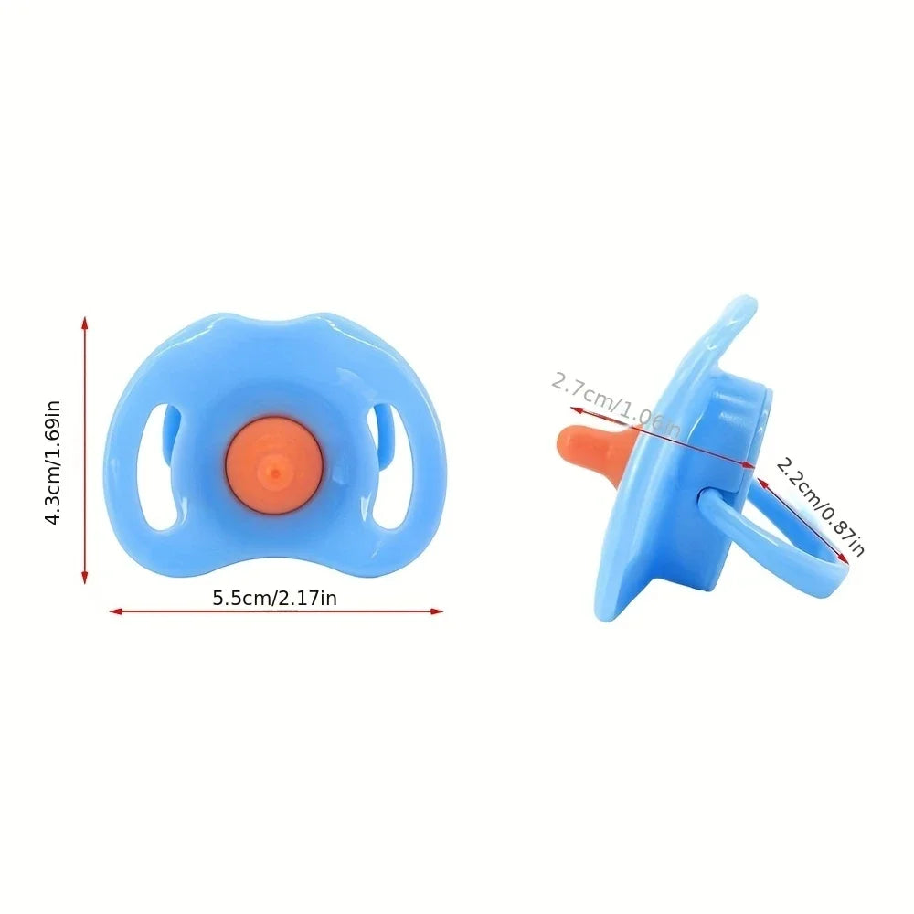 A light blue silicone feeding bottle set with an orange pacifier and a blue toy component.