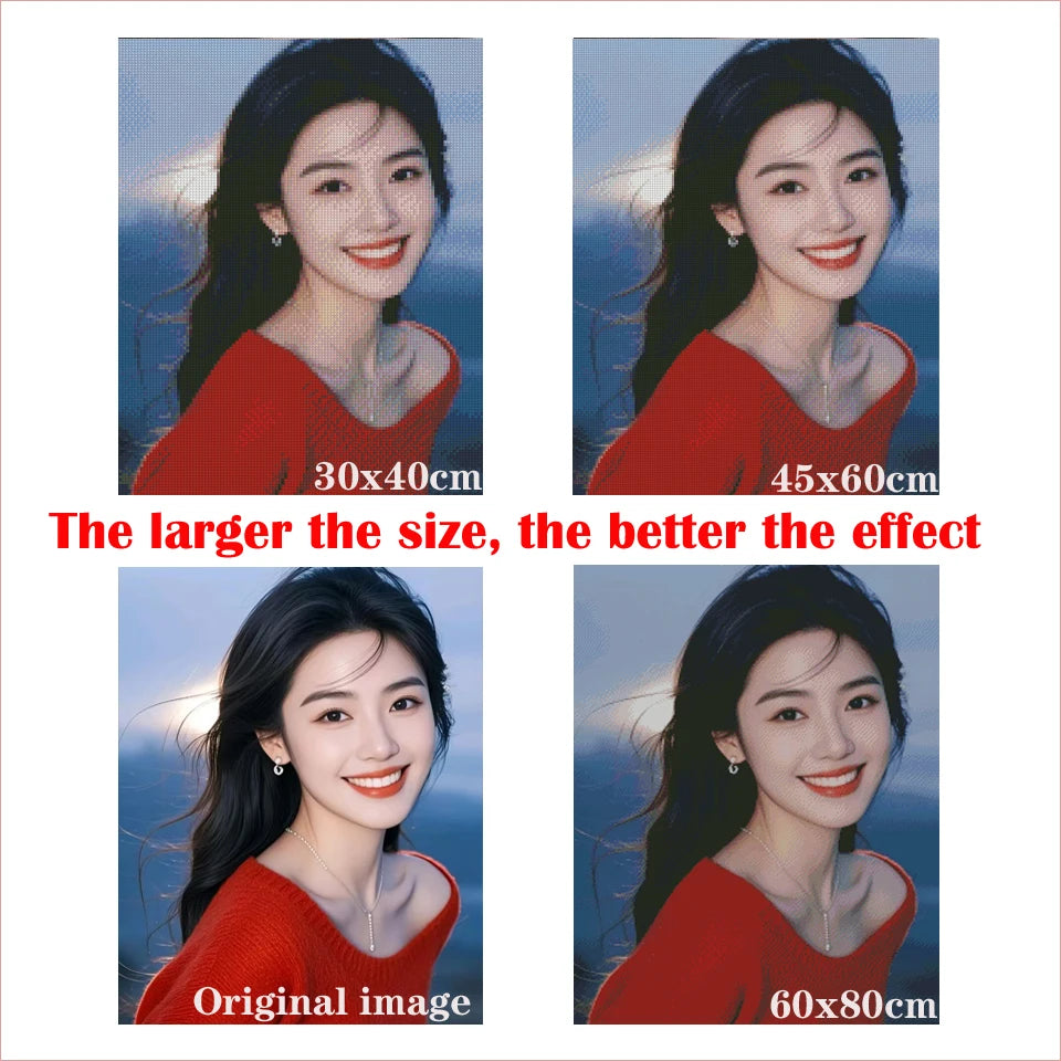 Three versions of a cartoon girl painting kit showing different sizes of the finished artwork