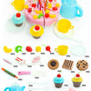 A set of pink and yellow pretend play birthday cake tea set for kids including cupcakes, cups, and a cake.