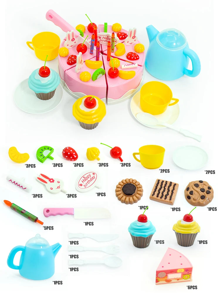 A set of pink and yellow pretend play birthday cake tea set for kids including cupcakes, cups, and a cake.