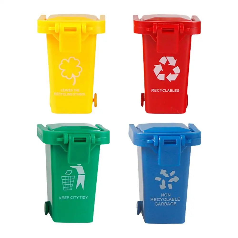 A set of four plastic recycling bins in yellow, red, green, and blue for children's toys