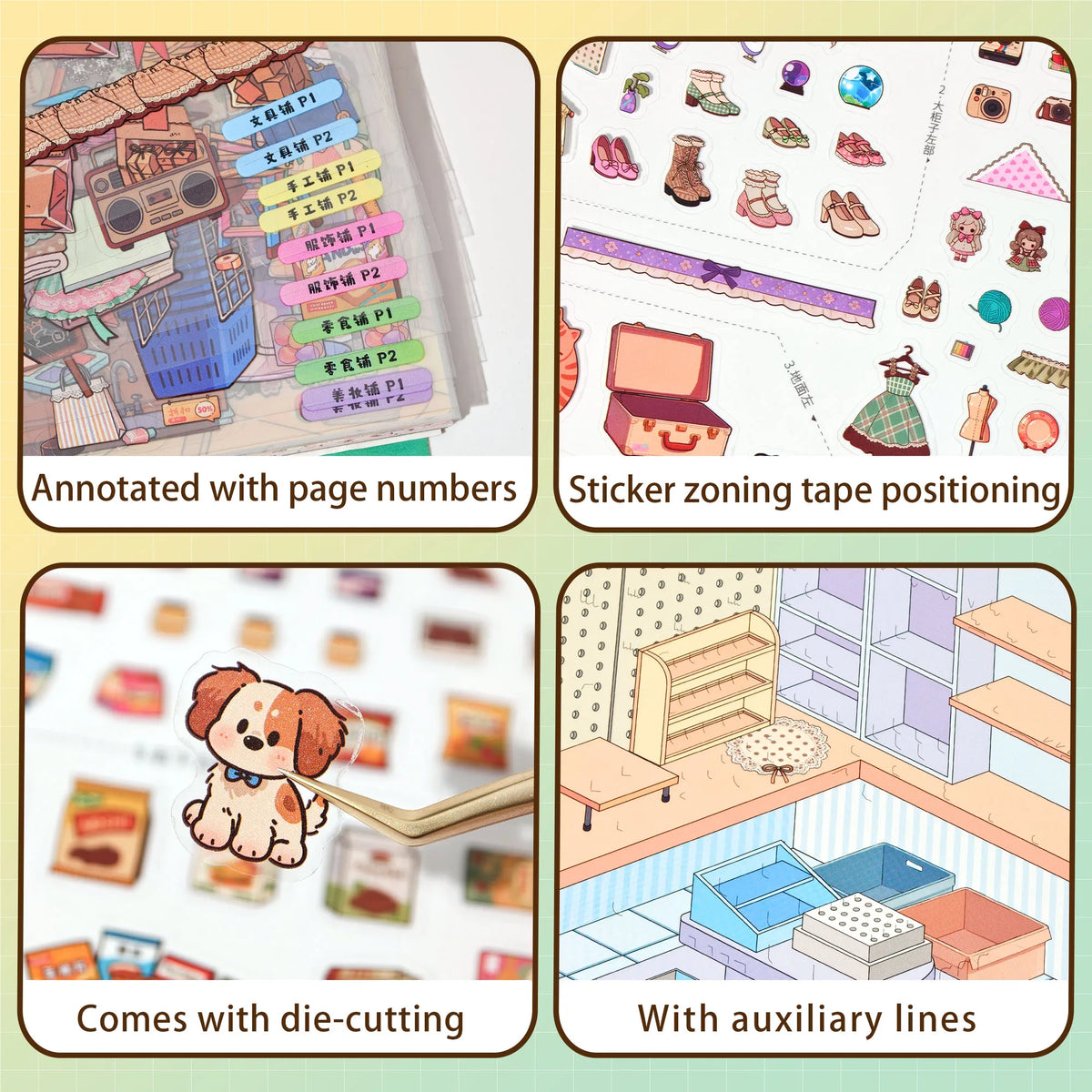 Sticker set featuring annotated supermarket scenes, die-cutting elements, and auxiliary lines for crafting