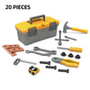 A yellow tool box set for kids includes various tools like a hammer, pliers, and screwdriver.