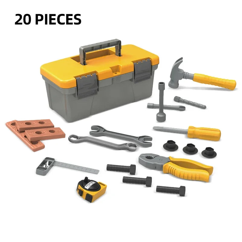 A yellow tool box set for kids includes various tools like a hammer, pliers, and screwdriver.