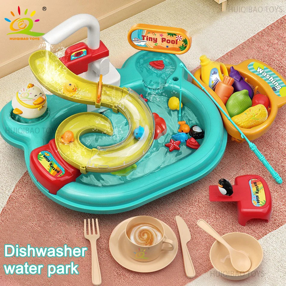 A colorful kids kitchen sink toy featuring a running water feature and a fishing game for children.