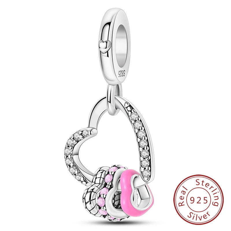 Sterling silver heart charm beads for bracelets featuring a heart shape and pink accents