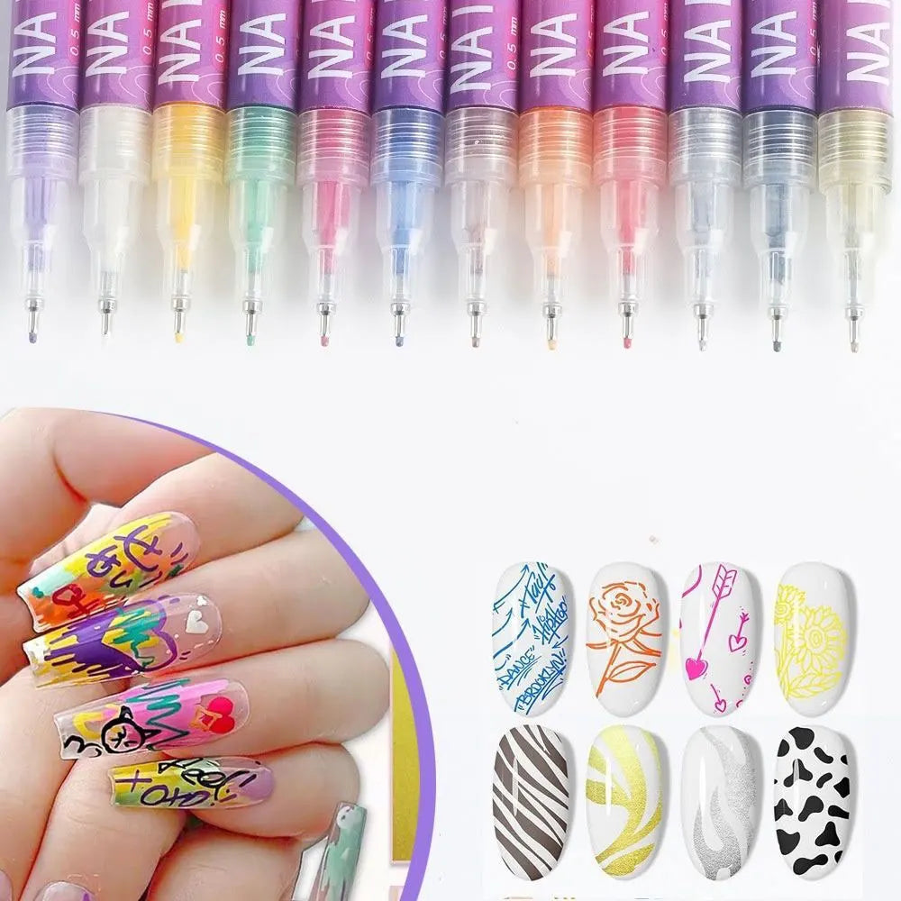 A collection of twelve precision nail art pens with fine 0.5mm tips in various colors are displayed alongside painted fingern