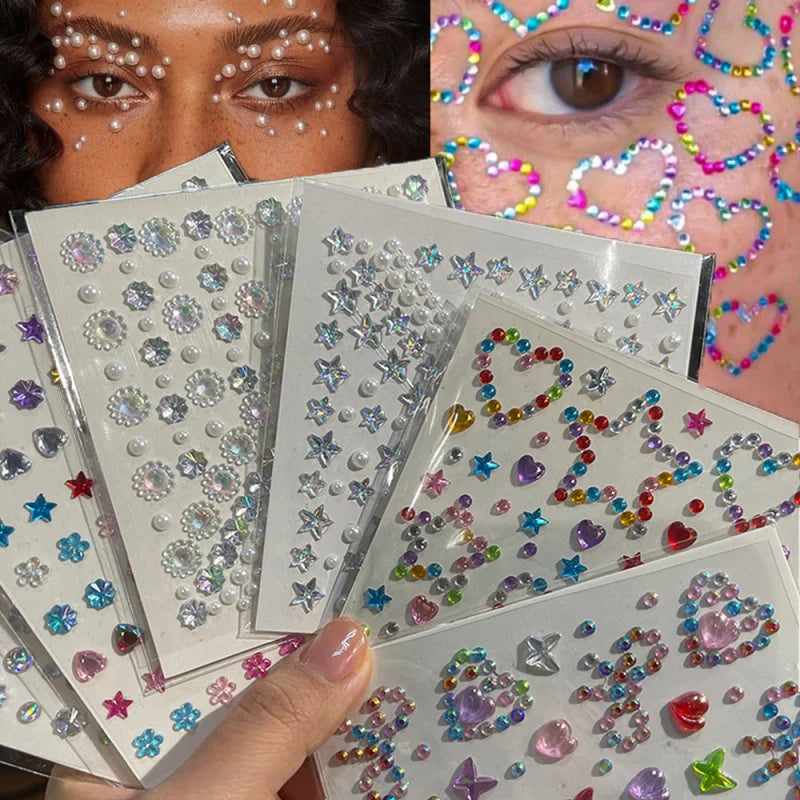 3D Rhinestone Face Stickers with Laser Hearts, Stars & Moons